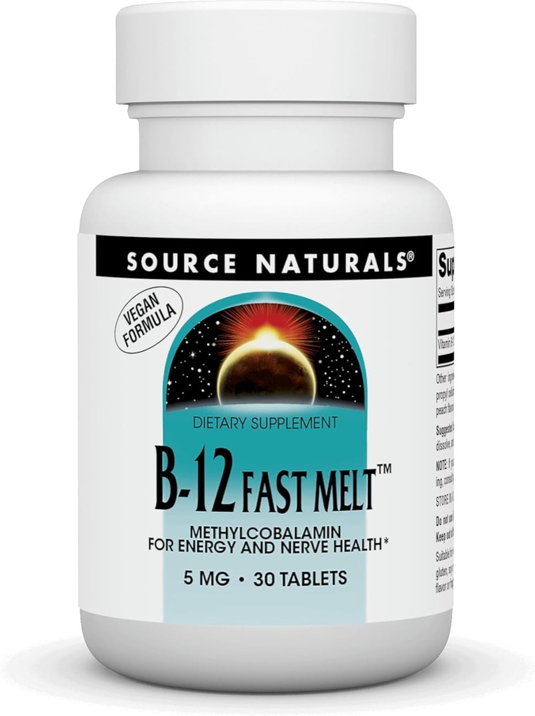 Source Naturals Vitamine B-12, soutient la production d'énergie* 5 mg - 30 Melt rapide Formule végétalienne