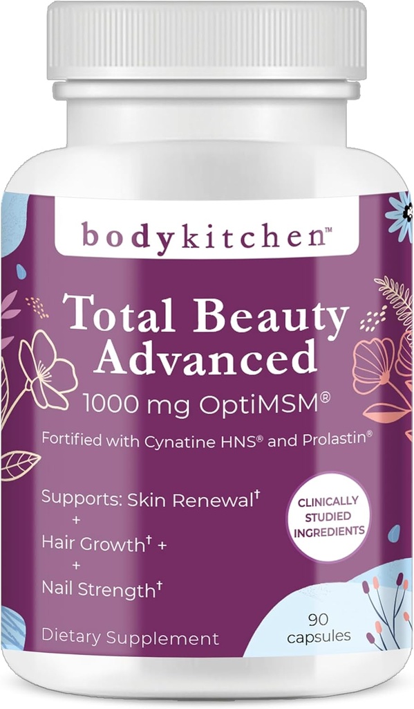 Body Kitchen Total Beauty Advanced, contient de l'élastine, de la kératine, de la biotine et de l'acide hyaluronique, soutient la croissance des cheveux, le renouvellement de la peau, la force des ongles, les capsules de légumes, 90 comte