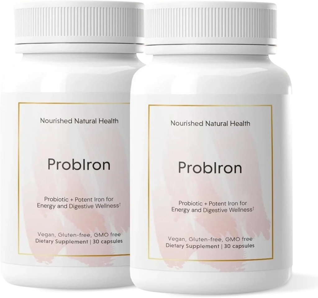 ProbIron Santé Naturelle Nourri - Supplément Probiotique + Fer pour femmes boosté avec vitamine C et cuivre - Formule Vegan pour l'énergie et le bien-être digestif - 60 Capsules