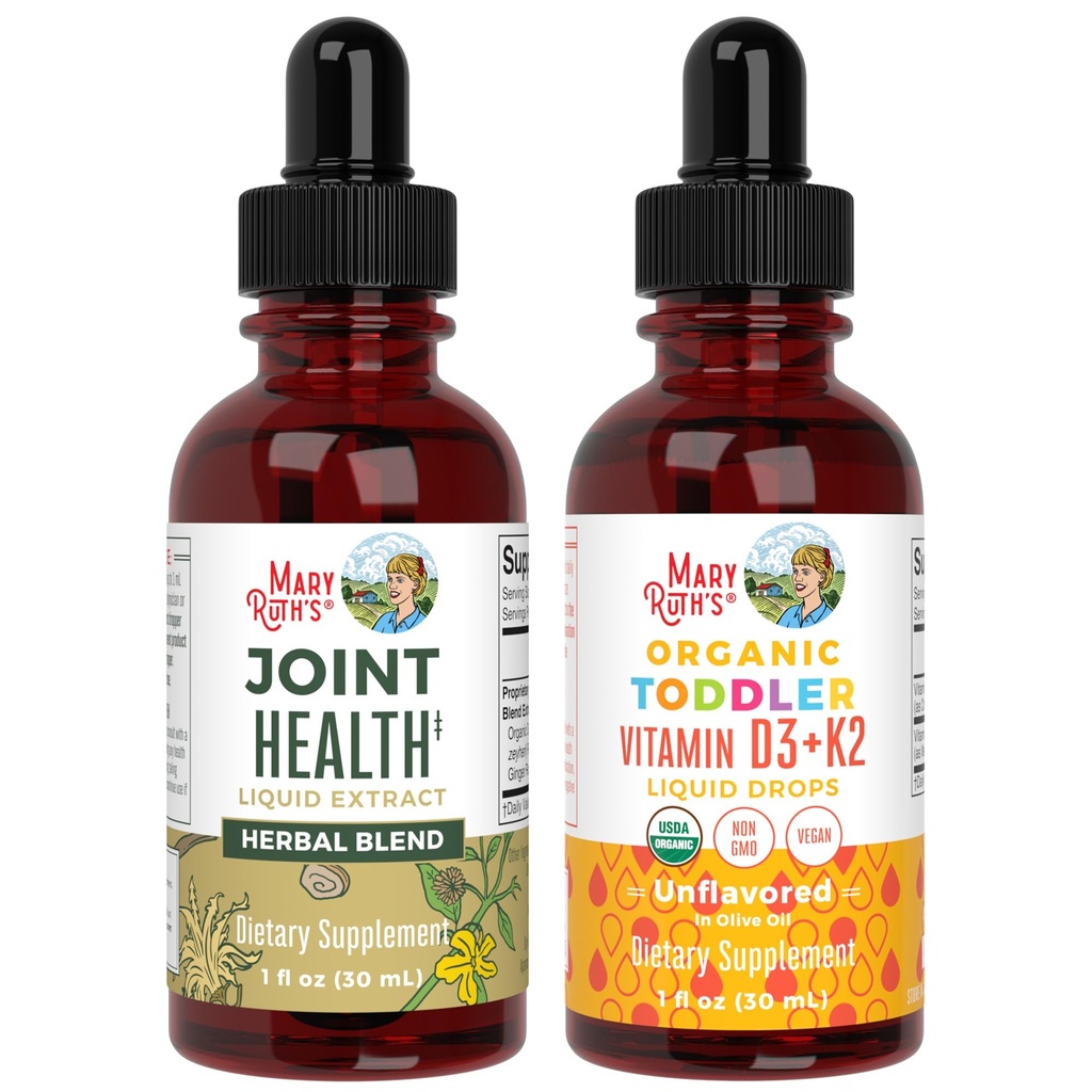 MaryRuth Organics Joint Health Liquid & Vitamine D3+K2 gouttes pour les tout-petits.