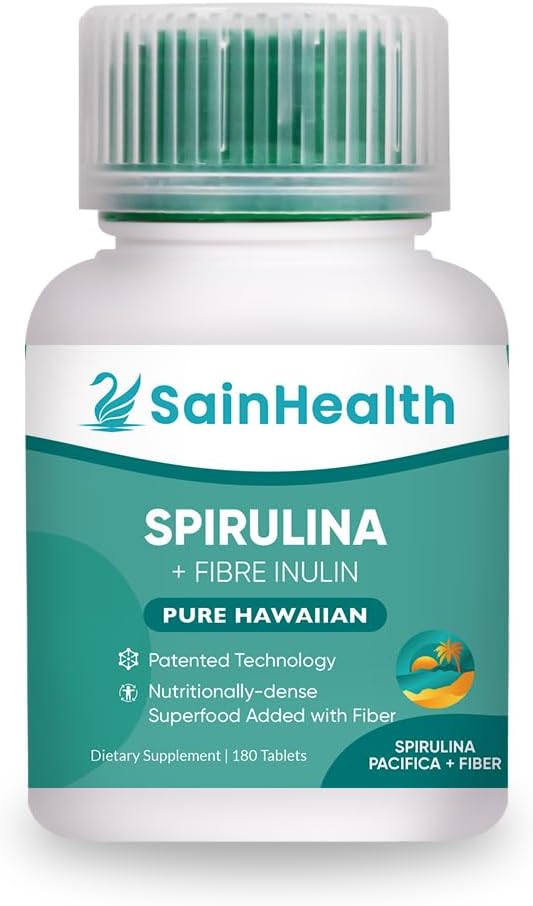 Spiruline + Inuline Fibre - Supplément à base de plantes, Spiruline ajouté comprimés végétaliens fibre pour la santé digestive, 600mg Spiruline, Vegan & OGM (180 comprimés)
