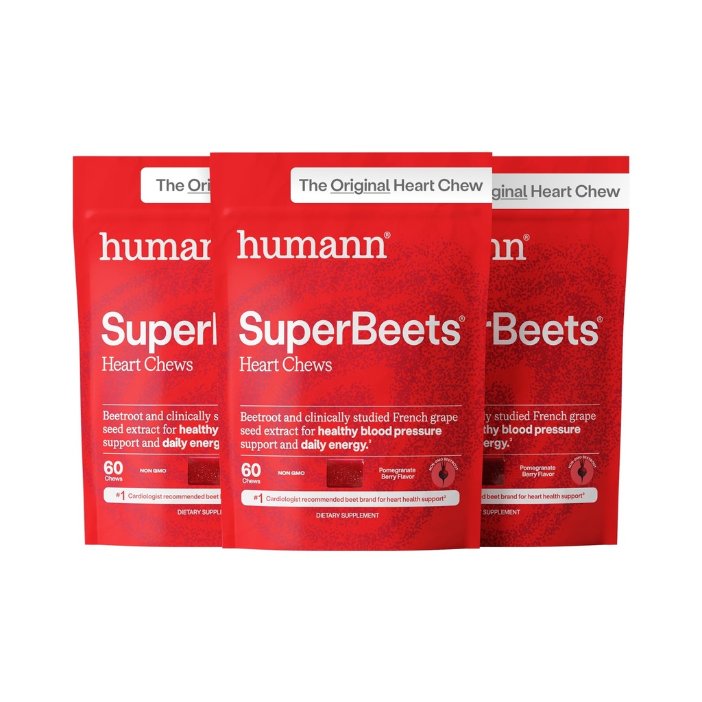 HumanN SuperBeets Heart Chews, Oxyde nitrique et soutien de la pression artérielle, Extrait de graines de raisin et énergie de poudre de betteraves non-OGM, Flamand de baies de grenade, 180 comte