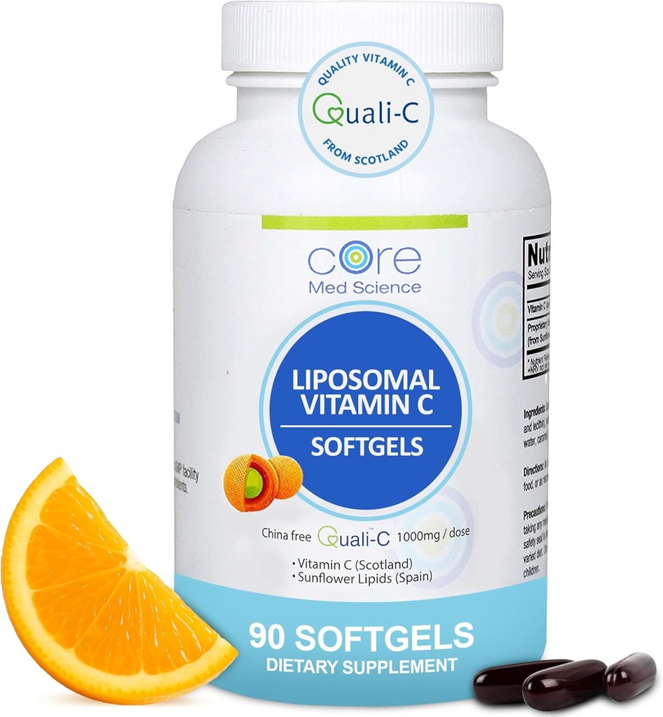 Vitamine Liposomique C 1000mg par Core Med Science, 90 Softgels - Supplément Liposomique naturel non OGM Vitamine C qui favorise la santé de la peau - Système immunitaire booster pour les adultes, soutient la formation de collagène