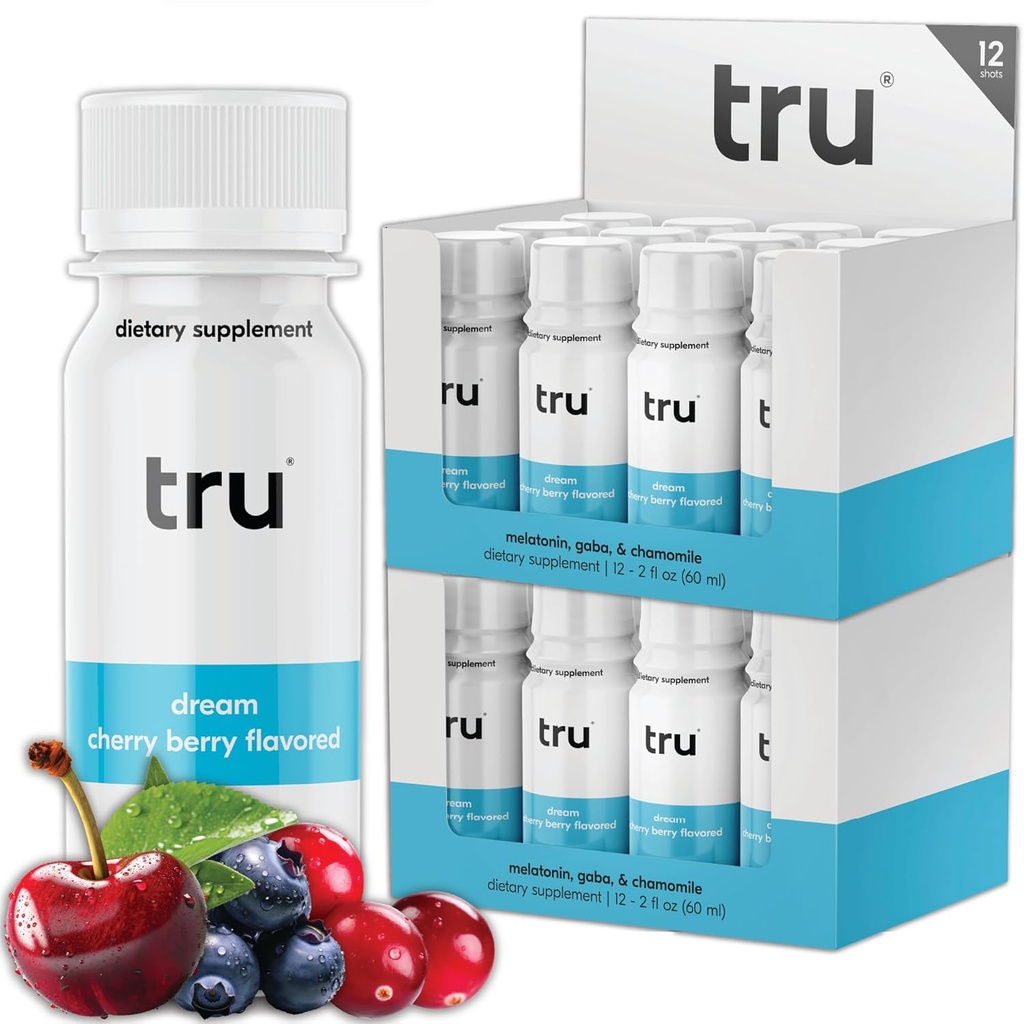 Tru Dream Shot, Cherry Berry Flavored Deep Sleep Aid Shots - Zéro sucre boisson de sommeil calme plus Melatonine, GABA, Camomille - Sans caféine, GF, Keto, saveurs naturelles, supplément végétalien, 2oz (paquet de 24)