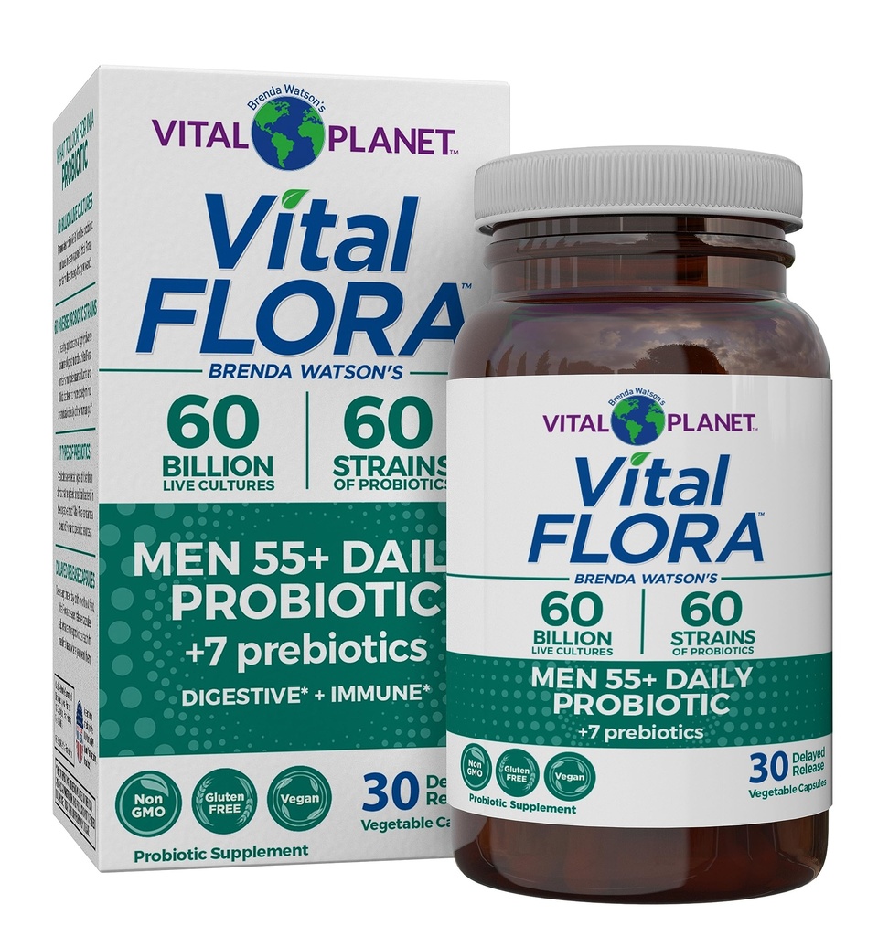 Vital Planet - Vital Flora Men 55+ Daily Probiotics, 60 milliards CFU, 60 souches diverses, 7 prébiotiques organiques, soutien immunitaire, dégazage, Colon et probiotiques de santé digestive pour les hommes 30 capsules
