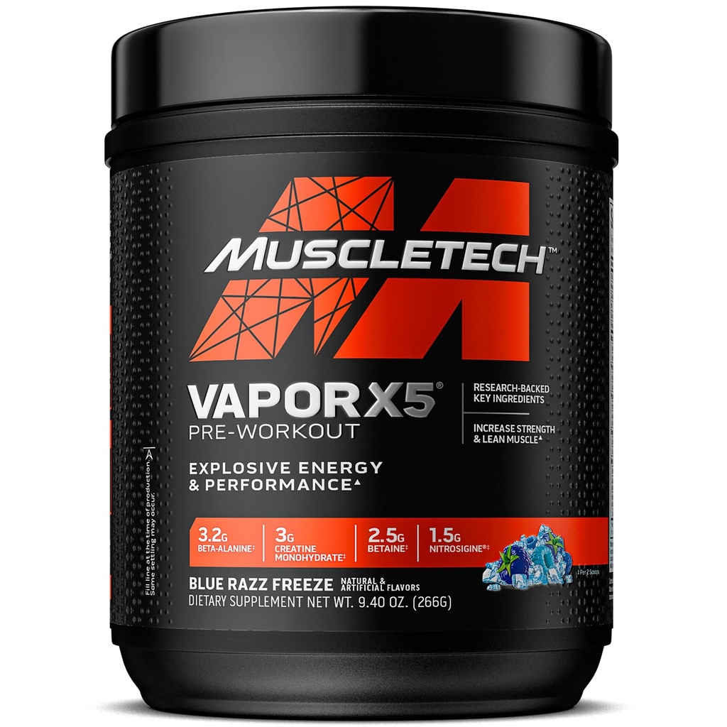 MuscleTech poudre pré-entraînement, vapeur X5 - Sports Nutrition Muscle Building Suppléments pour les femmes et les hommes - Pompe musculaire intense Mélange de poudre de boisson - Blue Razz Gel, 266g (30 portions)