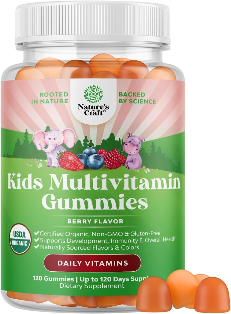 USDA Organic Kids Multivitamin Gummies - Vegan Organic Multivitamin for Kids 2+ with 14 Essential Vitamins and Minerals - Daily Gummy Multivitamins Vegan Nut Free & Non-GMO (120 Count)