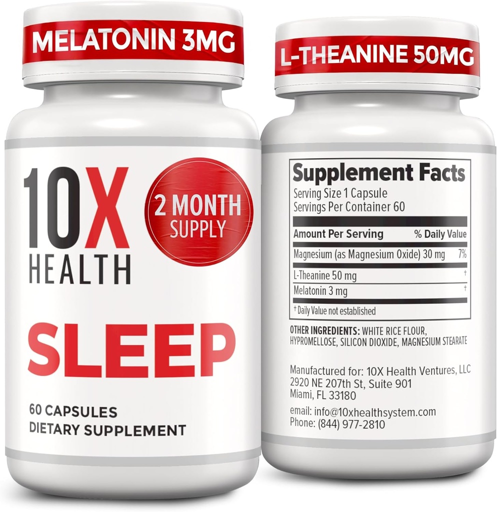 10X Suppléments de sommeil santé pour adultes - 60 Capsules - Melatonine 3mg, L Theanine, Supplément de magnésium, Oxyde de magnésium pour un repos et une relaxation profonds et meilleurs - 3-en-1 Soutien naturel au sommeil