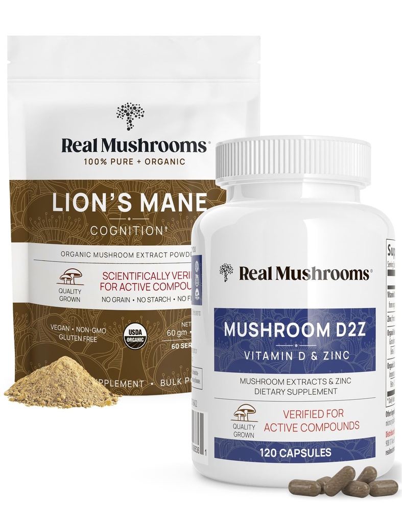 Vitamine D2, Zinc chélaté, Chaga, Reishi (120ct) et poudre de lion biologique (60 portions) Ensemble - Immunité et soutien cognitif, Absorption améliorée - Vegan, Sans gluten, Non-OGM