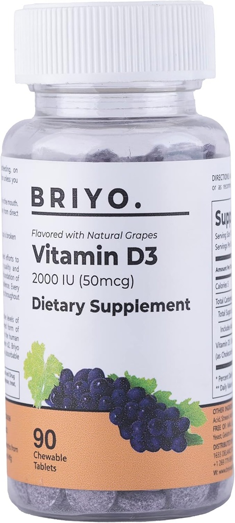 Briyo Vitamine d3 Comprimé à croquer - 2000 UI (50 mcg par portion) - Delicious Natural Grape Flavor, 90 Compte