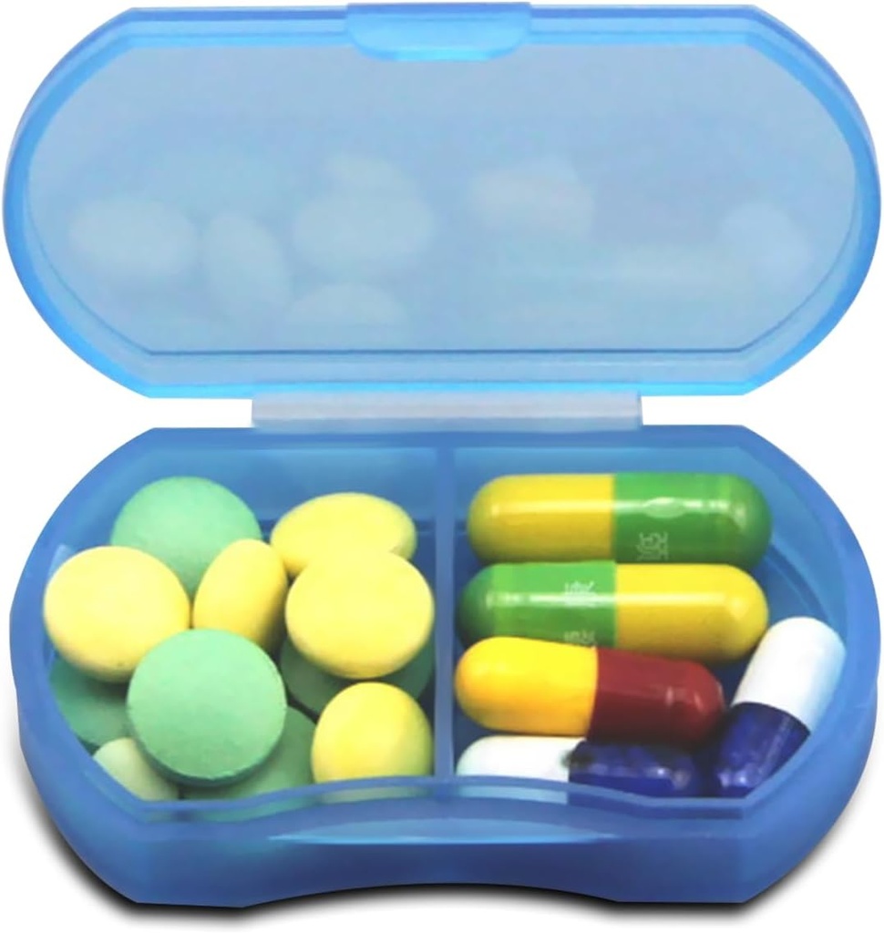 Pill Case for Purse Small Pill Organizer Portable Travel Daily Pill Containers AM & PM Mini Pill Box Vitamine, Huile de poisson, Support de Supplément (Blue)