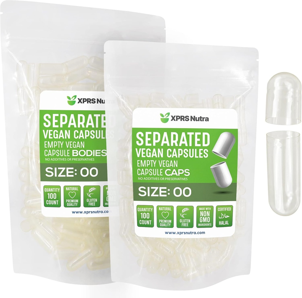 XPRS Nutra Vegan Taille 00 Capsules séparées - 100 Compter Effacer Capsules vides Premium Séparées dans des sacs - 00 Pills vides pour le remplissage de supplément de bricolage