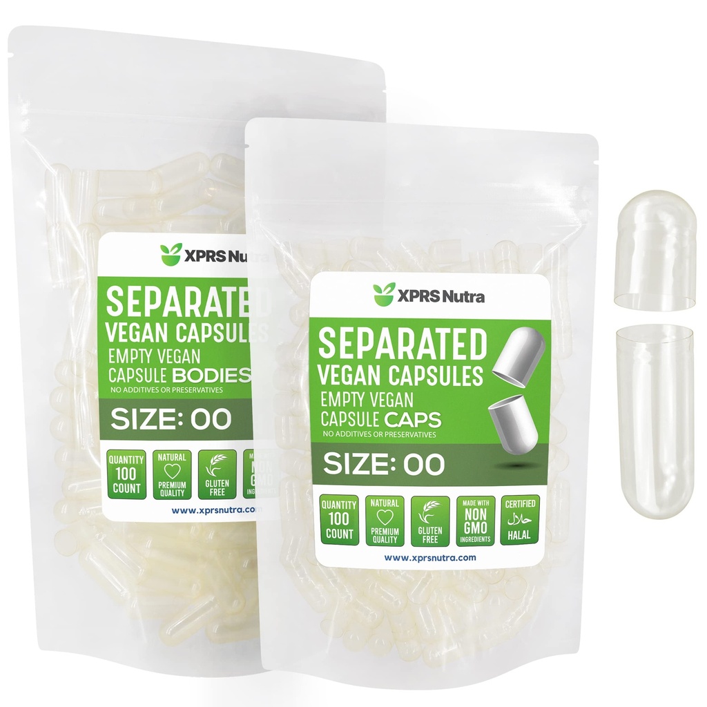 XPRS Nutra Vegan Taille 00 Capsules séparées - 100 Compter Effacer Capsules vides Premium Séparées dans des sacs - 00 Pills vides pour le remplissage de supplément de bricolage