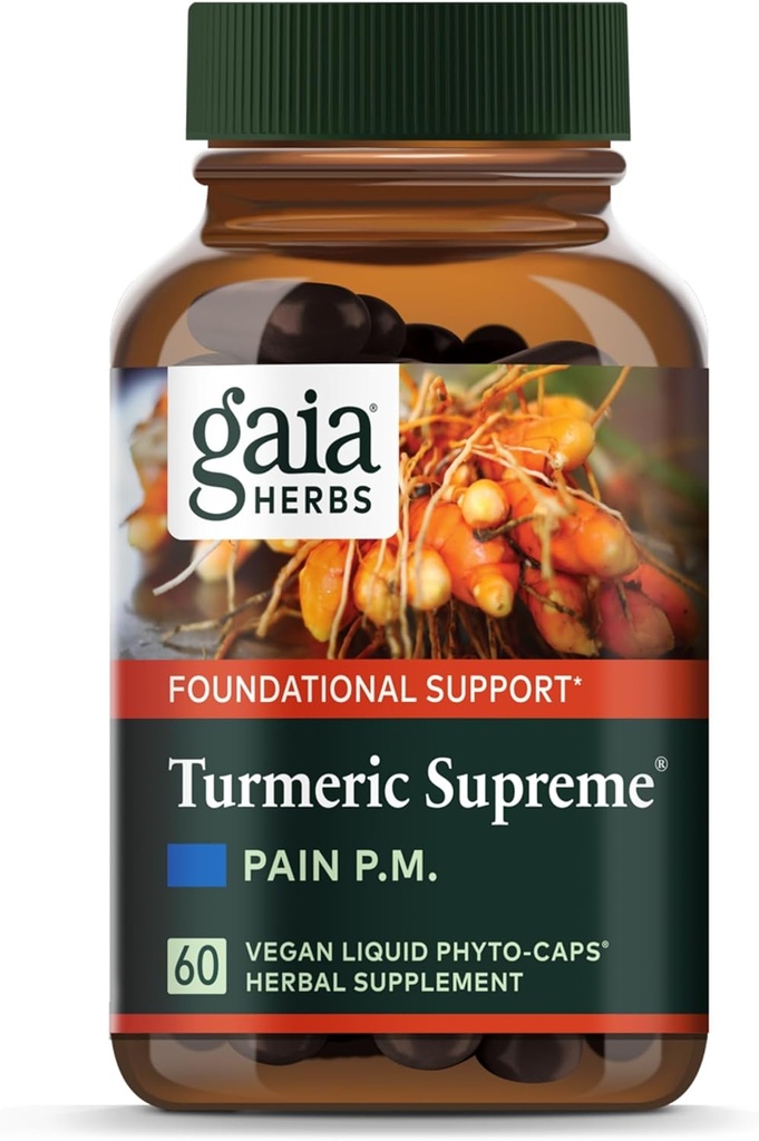 Gaia Herbs Turmeric Supreme Discomfort P.M. - Aide à fournir un confort de nuit pour soutenir plus de sommeil reposant - avec Curcumin Tumeric, Kava, Valérien, Feverfew - 60 Phyto-Capsules liquides(30 jours d'approvisionnement)