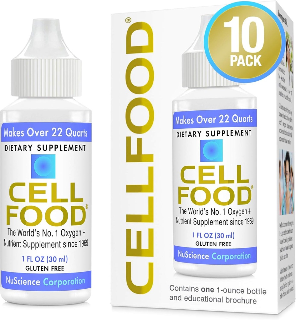 Cellfood Oxygen Boost - 1 fl oz, 10 Pack - Supplément d'oxygène liquide pour le drainage lymphatique, la maladie d'altitude, Jet Lag, Fatigue, Céphalées et Energie - Sans gluten, Cert. Kosher