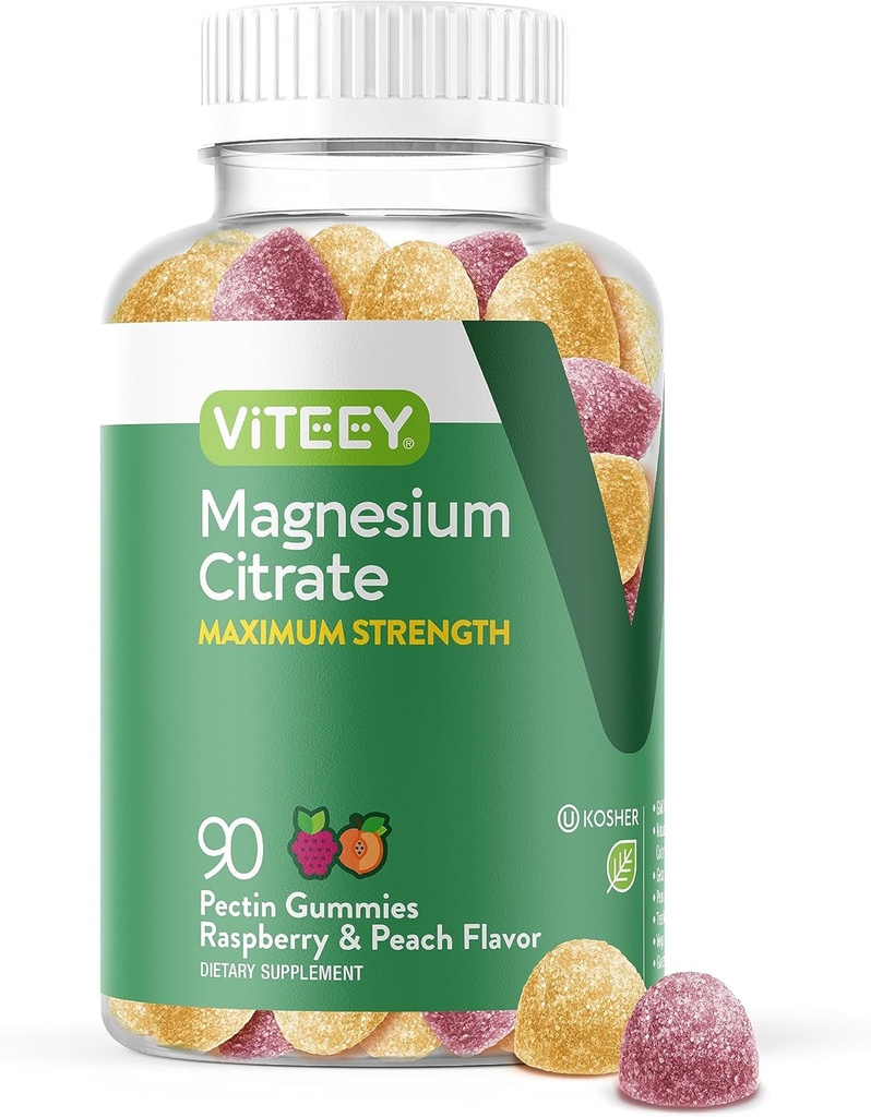 VITEEY Gommies de magnésium pour adultes - 255mg de Gummy de citrate de magnésium pour le calme, le sommeil, la nervosité et la fonction musculaire - Vegan, sans gluten - 90 Nombre