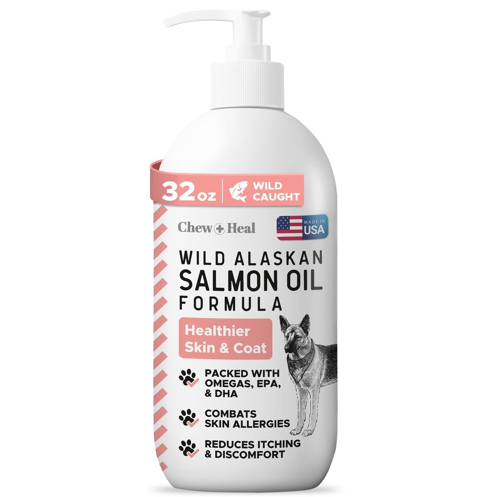 Huile de saumon sauvage de l'Alaska pour chiens - 32 oz de formule d'huile de poisson - Bouteille de bouchon de pompe - Contient Oméga-3 et 6, Vitamine D, EPA et DHA pour une peau et un manteau sains