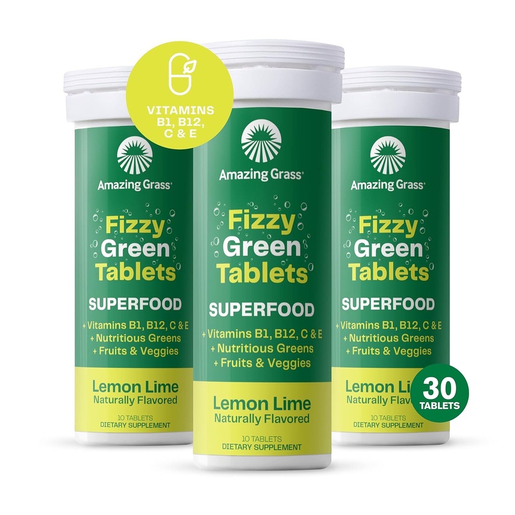 Amazing Grass Comprimés Verts Fizzy Superfood: Comprimé d'aromatisation d'eau vert superfood avec des antioxydants et des verts alcalins, citron Lime, 10 comtes (paquet de 3)