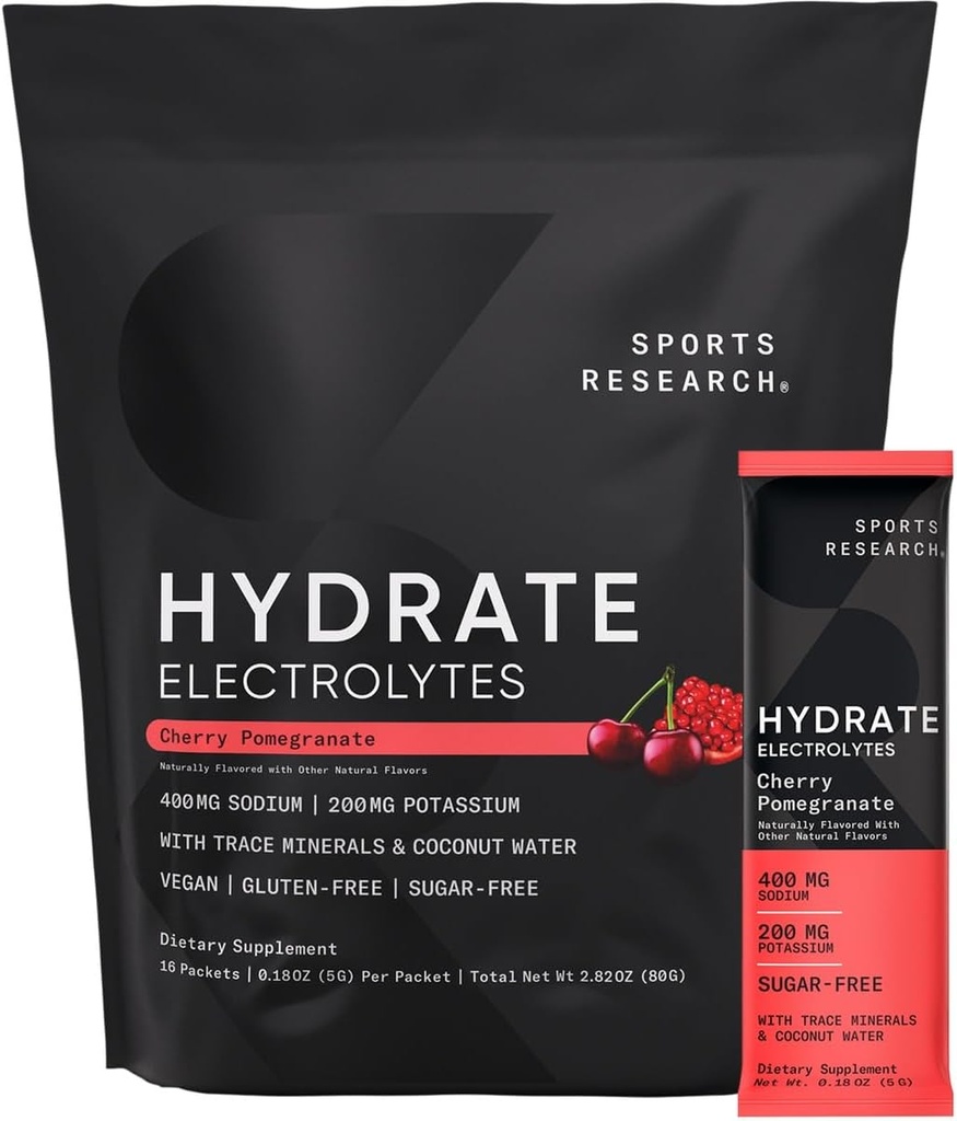 Sports Research Hydrate Electrolytes Powder Packets - Sugar-Free & Naturally Flavored with Vitamins, Minerals, and Coconut Water - Supports Hydration - 16 Packets - Cherry Pomegranate