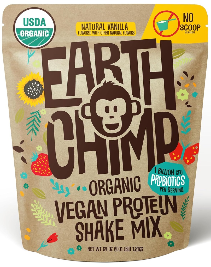 EarthChimp poudre de protéines végétales organiques - avec probiotiques - Non OGM, sans produits laitiers, sans lactosérum, à base de plantes poudre de protéines pour les femmes et les hommes, sans gluten - 52 portions 64 Oz (Vanilla) Pas de scoop