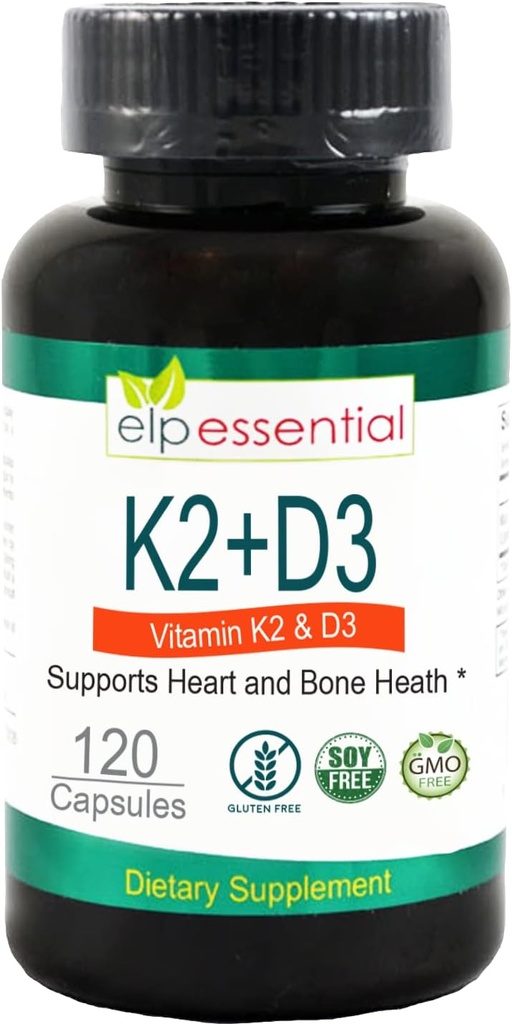 ELP ESSENTIAL Vitamin K2 with D3 Supplement Bone and Heart Health,Capsules K2+D3 Vitamins 120 Capsules