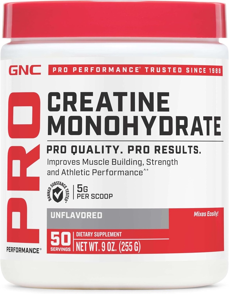GNC Pro Performance Poudre monohydratée pour femmes et hommes, 5g de créatine par portion, bâtiment musculaire, production d'énergie, endurance, performance, 50 portions