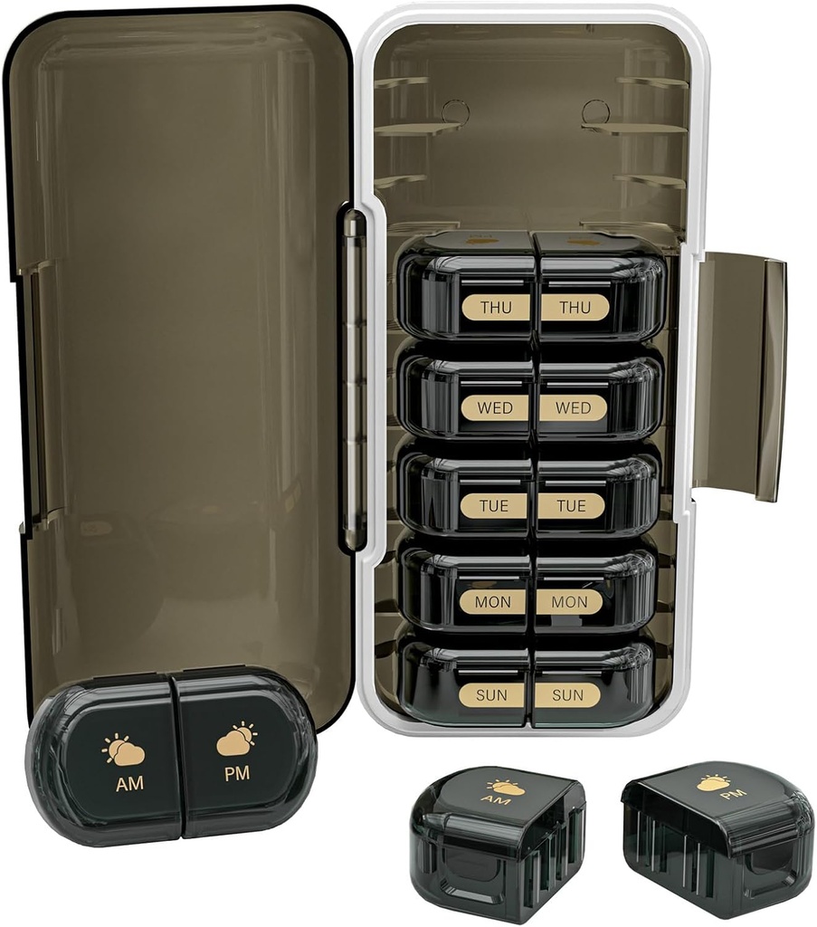 Organisateur de pilules hebdomadaires 2 fois par jour, Humidité-Proof, Compartiments amovibles, AM PM Pill Box 2X 7 Jour, Organisateur de pilules de voyage pour les pilules/huile de poisson/médication/vitamine/Supplements (Noir)