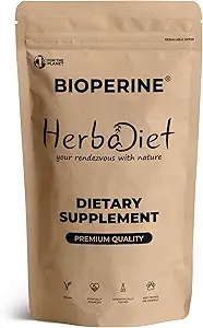 Poudre de bioperine Herbadiet : 1 à 95 % de Piperine extraite de poivre noir par HPLC Enhancer la biodisponibilité, stimule l'apport de nutriments sans gluten, supplément en vrac non OGM (14 grammes/ 0,5 oz)