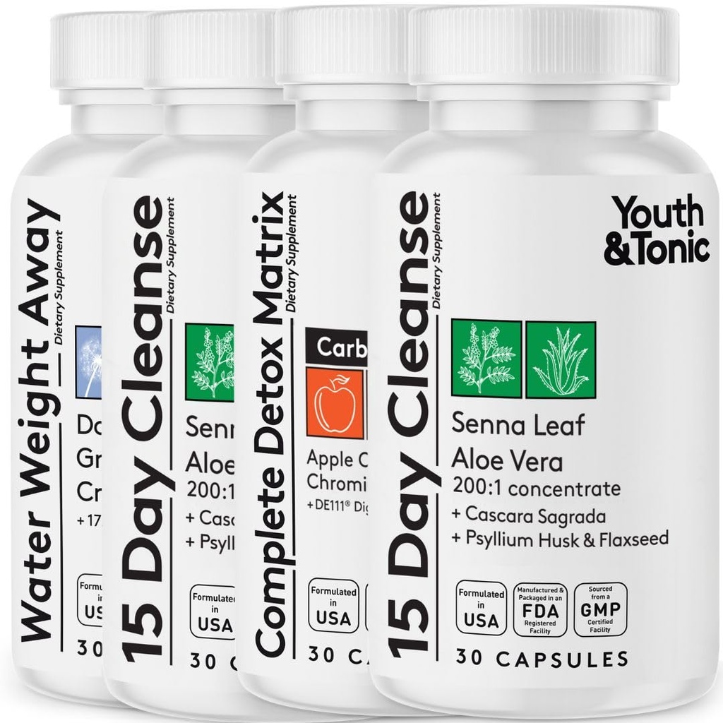 Detox Cleanse Kick Off Gestion du poids et Nettoyeur de Colon Extra. 4pk pour la perte d'eau, le gonflement, l'estomac plat, le puffiness w vinaigre de cidre de pomme, feuille de Senna, Glucomannan, chrome, probiotique 120 pilules