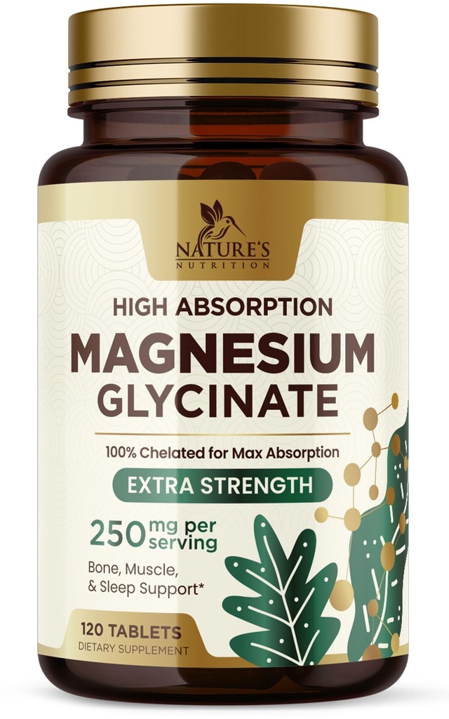 Magnésium (glycinate) - Supplément de magnésium pour la santé cardiaque, le nerf, le muscle, les os et le sommeil - 100% Chélaté et absorption élevée - 250 mg par portion - Sans gluten, végétalien, non OGM - 120 Compte