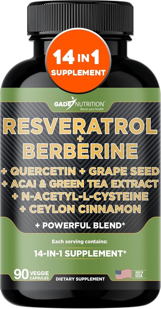 Gade Nutrition Resveratrol Berberine Quercetin Graines de raisin Extrait de thé vert N-acétyl Cystéine - Supplément complexe 14 en 1 pour les femmes et les hommes avec des antioxydants puissants - Fabriqué aux États-Unis