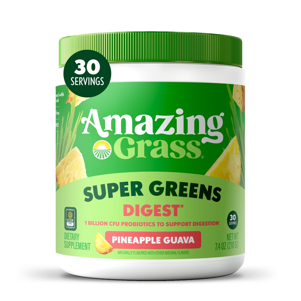 Amazing Grass Greens Blend Digest: Super Greens Powder Smoothie Mix pour le soutien de la digestion avec Spiruline biologique, Chlorella, poudre de racine de betterave, enzymes et probiotiques digestifs, 30 portions