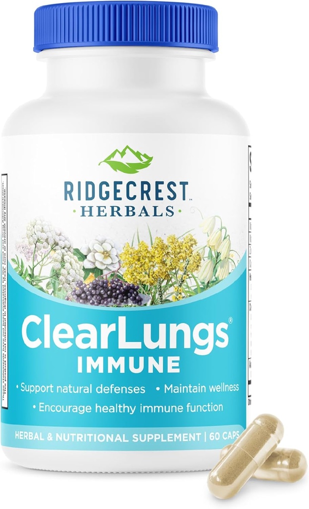RidgeCrest Herbals ClearLungs Immune, supplément de soutien pulmonaire avec Mullein, Elderberry, zinc, vitamine C, vitamine A, feuille d'olive (60 capsules, 30 portions)