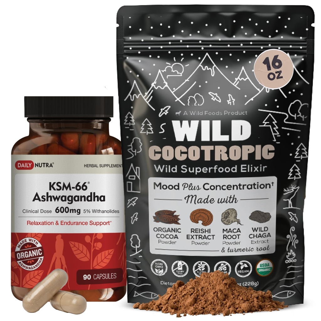 DailyNutra KSM 66 Ashwagandha (90 Capsules) and Mushroom Cacao Mix (16oz) Bundle for Relaxation and Focus