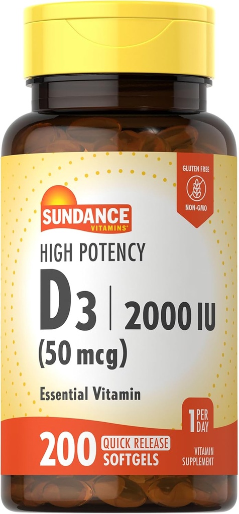 Sundance High Potency D3 2000 UI 200 softgels à libération rapide Formule Vitamine essentielle