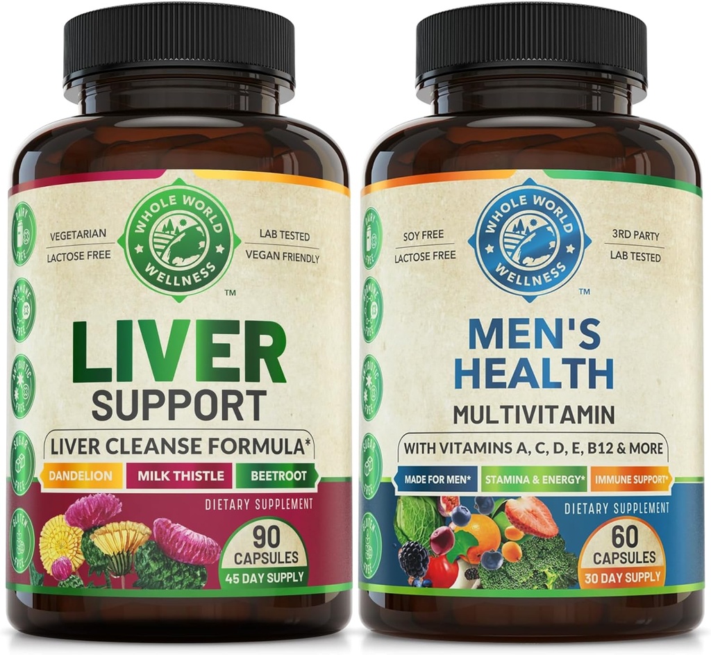Liver Cleanse Detox Repair Formula & Mens Daily Multivitamins Bundle (une bouteille chacun). Soutient collectivement la santé du foie, le bien-être holistique, l'énergie accrue, l'endurance et la performance. États-Unis Fait.