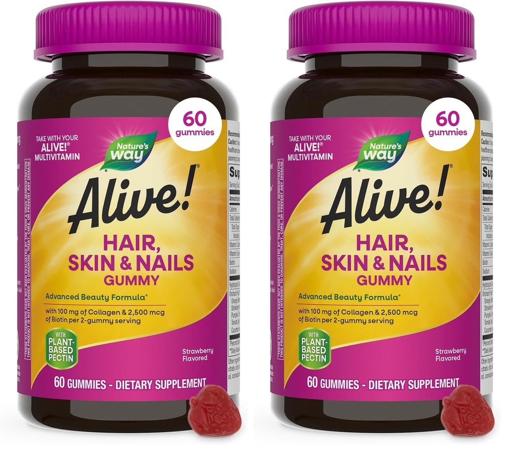 La nature est vivante ! Cheveux, peau et ongles Gommies, formule de beauté avancée*, avec biotine et collagène, aromatisé aux fraises, 60 gommies (paquet de mai Vary) (paquet de 2)