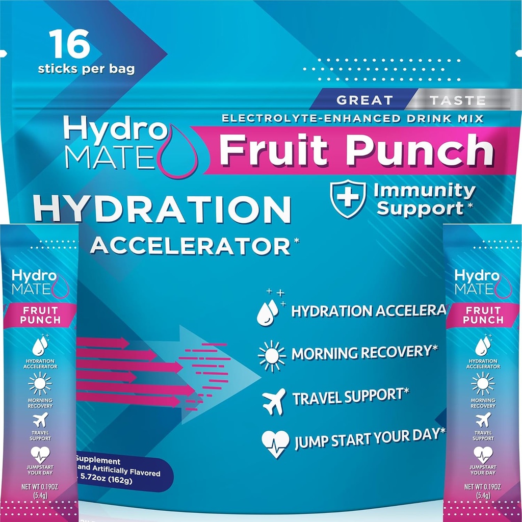 HydroMATE Poudre d'électrolyte Punche de fruits Packs d'hydratation Faible sucre 16 Compte