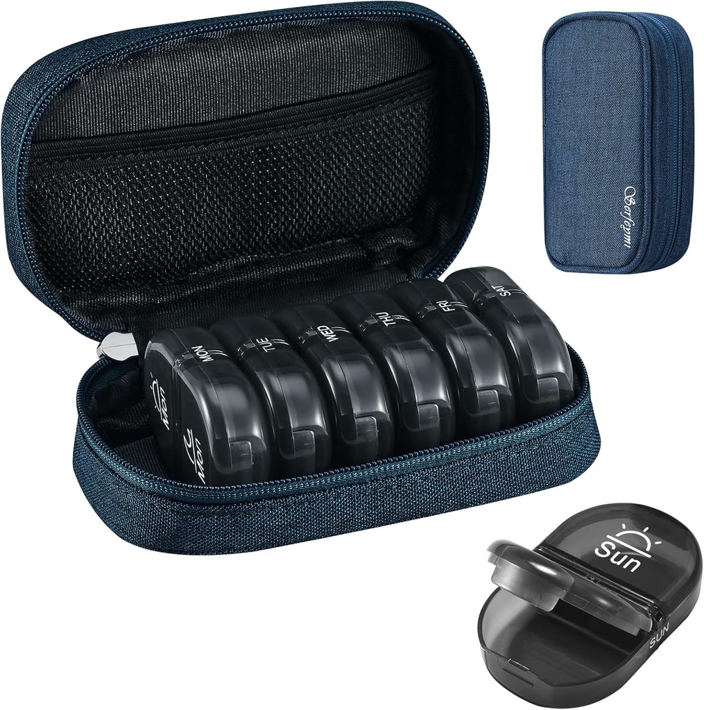 Serfeymi Weekly Travel Pill Organizer 2 fois par jour AM PM Upgraded Black Pill Box 7 Day with Portable Zipper Canvas Pill Case, organisateur de médicaments pour les pilules, vitamines, suppléments, huiles de poisson - Bleu 01