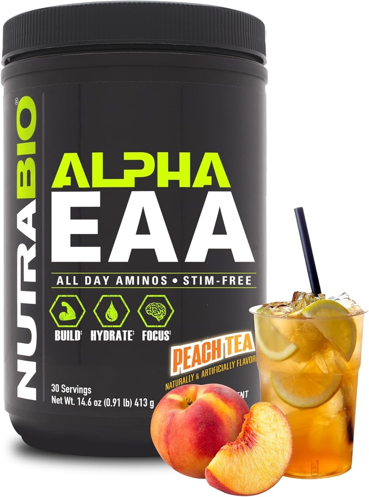 NutraBio Alpha EAA - Acides aminés tout au long de la journée pour la croissance musculaire et l'hydratation - Acides aminés essentiels avec nootropiques et adaptogènes- Plein spectre EAA BCAA Poudre - 30 portions - Peach Tea