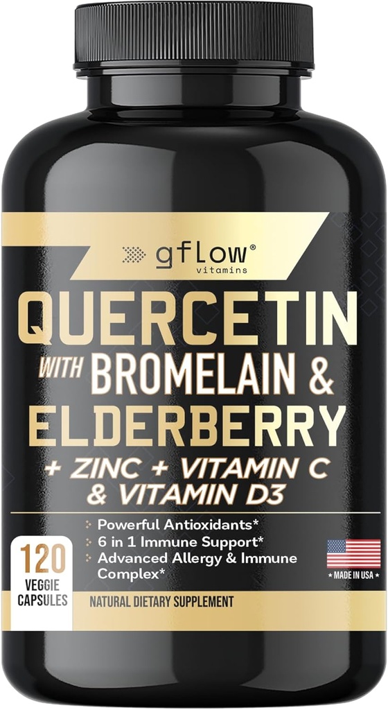 Quercetine avec Bromelain Zinc Vitamine C Vitamine D Elderberry - 120 Capsules de Véggie, Non-OGM, Sans gluten.