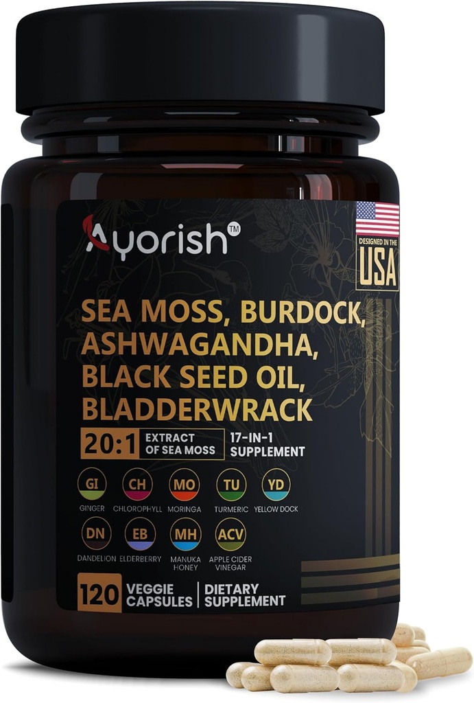 Sea Moss Capsule 30:1 High Strength 6000mg Équivalent par portions, Black Seed Oil Ashwagandha Ginger Capsules, Turmeric, Moringa, Bladderwrack, Burdock Root, Manuka Honey, Cinnamon 120 Compte