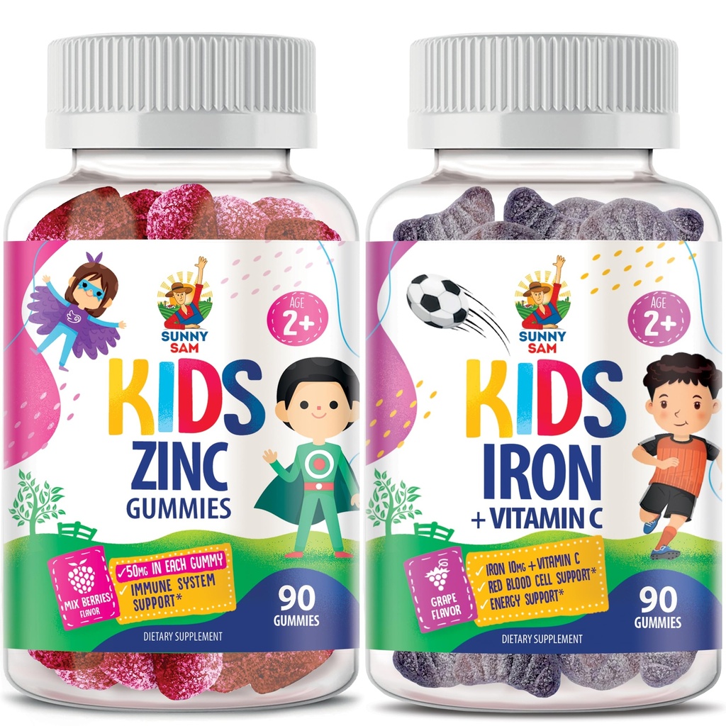 Gummies de fer pour les enfants & Gummies de zinc pour les enfants. Vitamines de fer avec vitamine C. Gummy à croquer au zinc pour le soutien immunitaire - Supplément antioxydant naturel puissant pour les enfants Hommes Femme Adultes