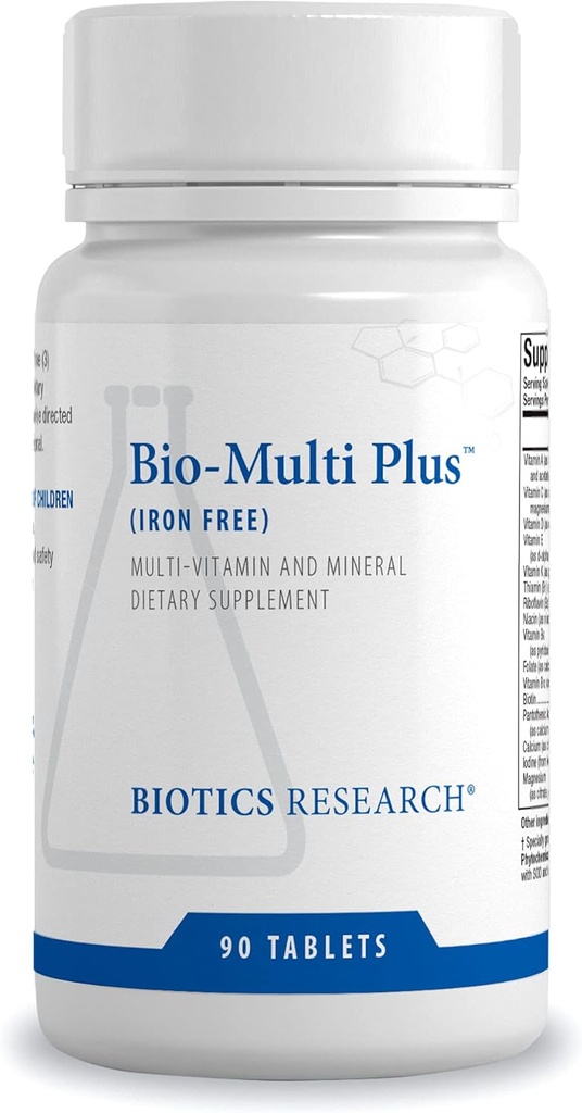Recherche en biotique Bio Multi Plus Sans fer Multivitamine, Minéraux chélatés, Sans fer, Vitamines solubles de gras émulsifiées, Très antioxydants, SOD, Catalase 90 Comprimés