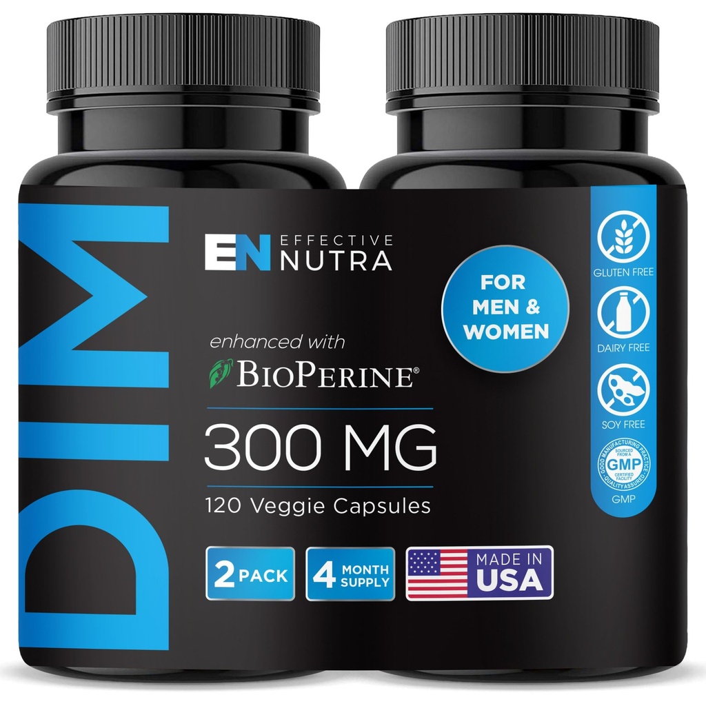 EFFECTIF NUTRA Supplément Dim 300mg avec BioPerine - Bloceur d'estrogène de force supplémentaire pour les hommes et les femmes - Hormone et soutien au métabolisme - 4 mois d'approvisionnement