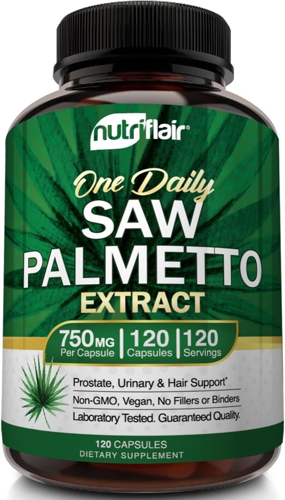 NutriFlair Saw Palmetto Extract 750mg, 120 Capsules - Supplément Prostate Natural & Berry Health Support - Aide à bloquer DHT pour prévenir la perte de cheveux et aide à réduire les mictions fréquentes, pour les femmes et les hommes