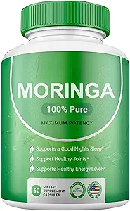 Moringa Capsules de poudre - 800mg de poudre de Moringa pur nutrient-Rich - Un superaliment antioxydant vert naturel - soutient l'énergie, la santé de Gut+Vitamines essentielles et acides aminés