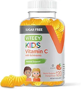 Viteey enfants vitamine C Gummies 75mg, avec l'échinacée - sans sucre - Immune support pour les enfants, les tout-petits, et les adolescents - végétalien, sans gélatine, sans gluten, sans OGM - Gummy parfumée orange goûtée
