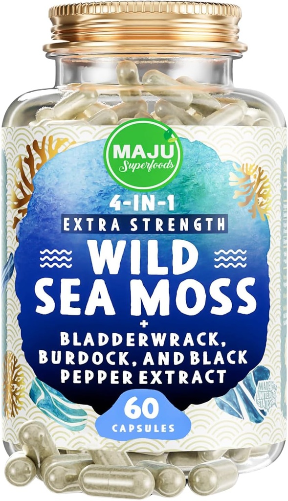 MAJU 4-en-1 Capsules de mousse de mer biologique, Crispus de Chondrus sauvage, Seamoss w/Bladderwrack + racine de dard, plus forte que le gel, Irlandais, Sebi inspiré poudre brute dans les pilules, 500 mg Capsule (60 ct)