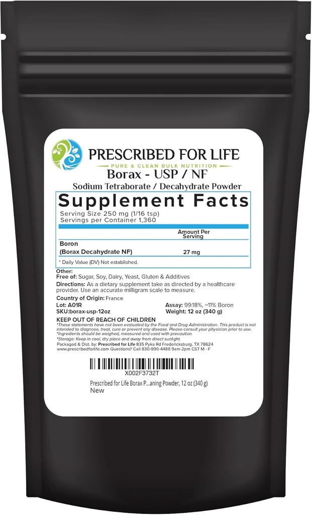 Prescripted for Life Borax Powder, Pure USP NF Grade Tous les borate de sodium naturel en poudre, booster de blanchisserie domestique, activateur de slim et poudre de nettoyage polyvalente (12oz / 340g)